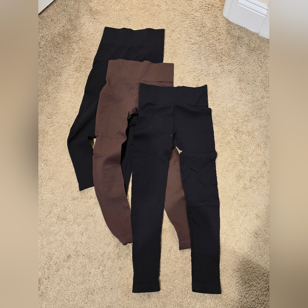 3 Ribbed Leggings - Black & Brown
